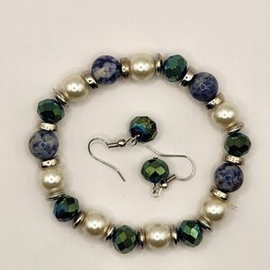 Genuine Sodalite Stretch Bracelet and Earrings Gift Set Blue Green NEW